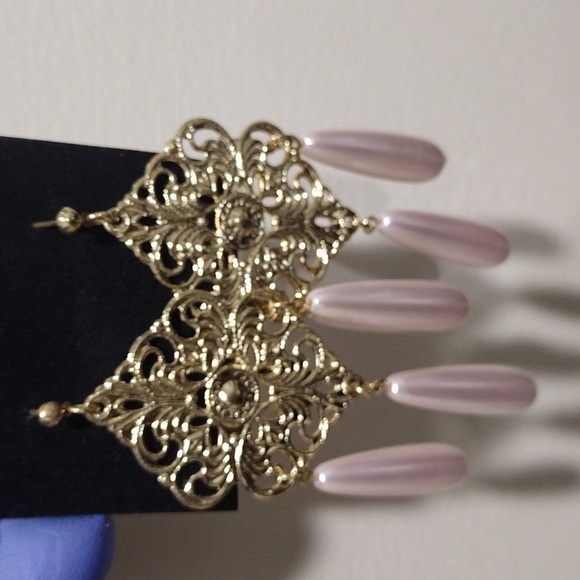 Women's Stylish Gold-tone Filigree Design Long Beads Drop Dangle Earrings, #5 - Picture 3 of 5